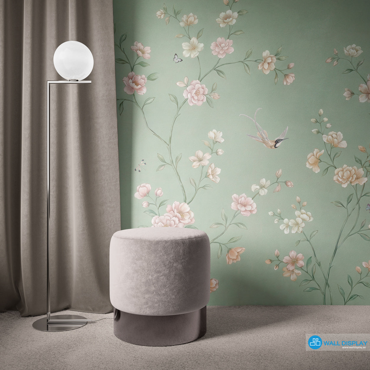 chinoiserie wall mural, sage green wallpaper, floral bird mural, classic botanical wallpaper