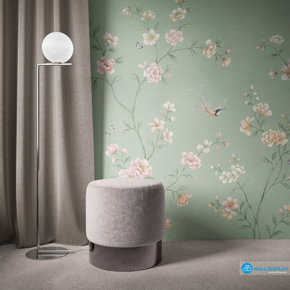 chinoiserie wall mural, sage green wallpaper, floral bird mural, classic botanical wallpaper