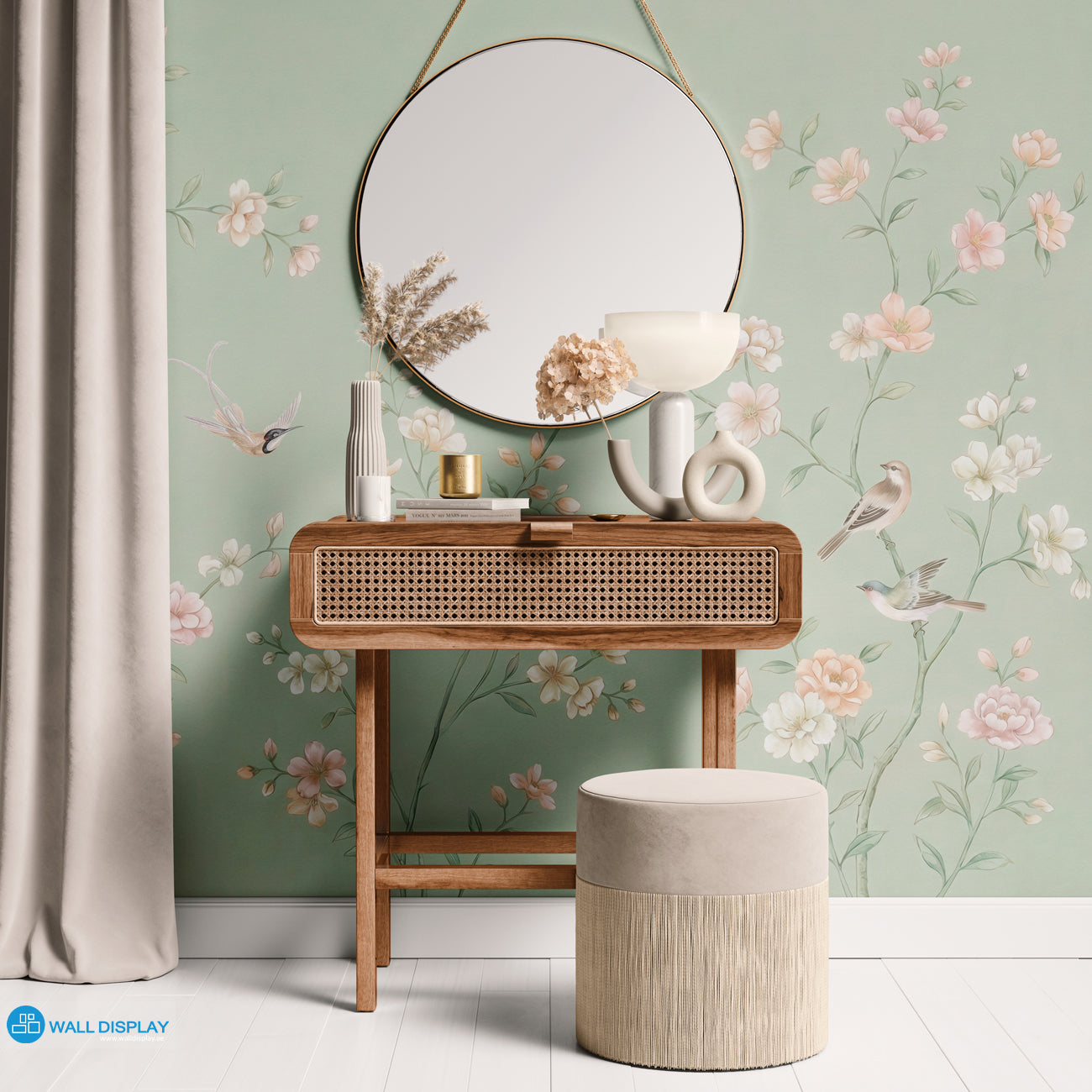 chinoiserie wall mural, sage green wallpaper, floral bird mural, classic botanical wallpaper