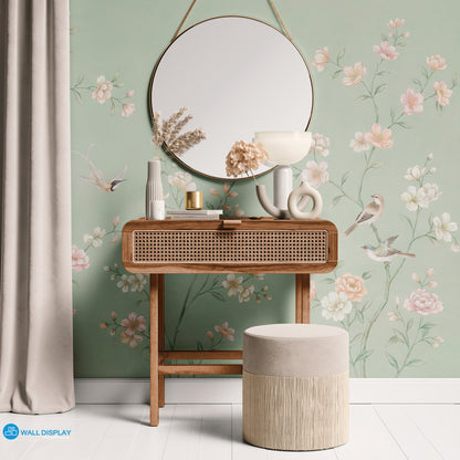chinoiserie wall mural, sage green wallpaper, floral bird mural, classic botanical wallpaper