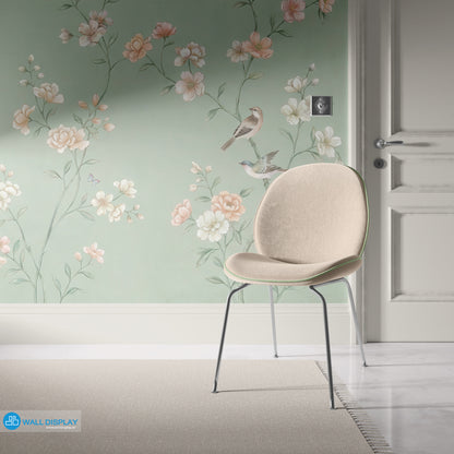 chinoiserie wall mural, sage green wallpaper, floral bird mural, classic botanical wallpaper