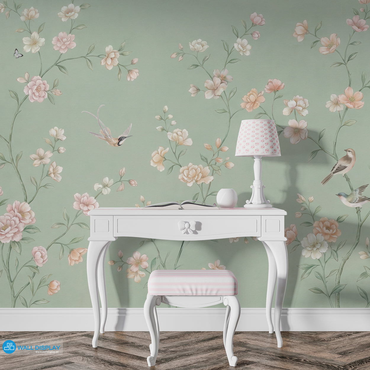 chinoiserie wall mural, sage green wallpaper, floral bird mural, classic botanical wallpaper