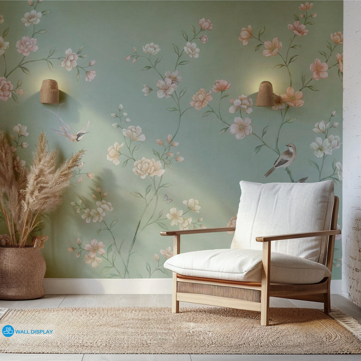 chinoiserie wall mural, sage green wallpaper, floral bird mural, classic botanical wallpaper