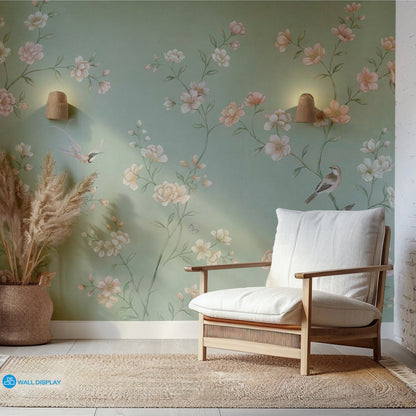chinoiserie wall mural, sage green wallpaper, floral bird mural, classic botanical wallpaper