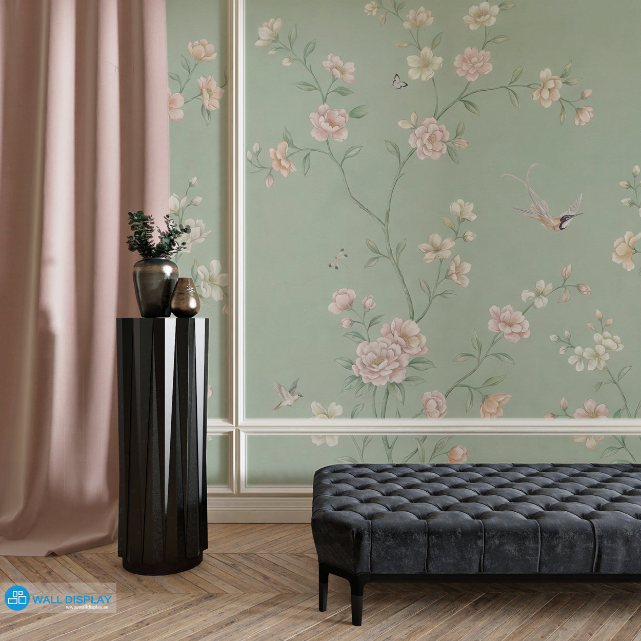 chinoiserie wall mural, sage green wallpaper, floral bird mural, classic botanical wallpaper