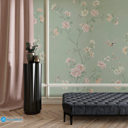 chinoiserie wall mural, sage green wallpaper, floral bird mural, classic botanical wallpaper