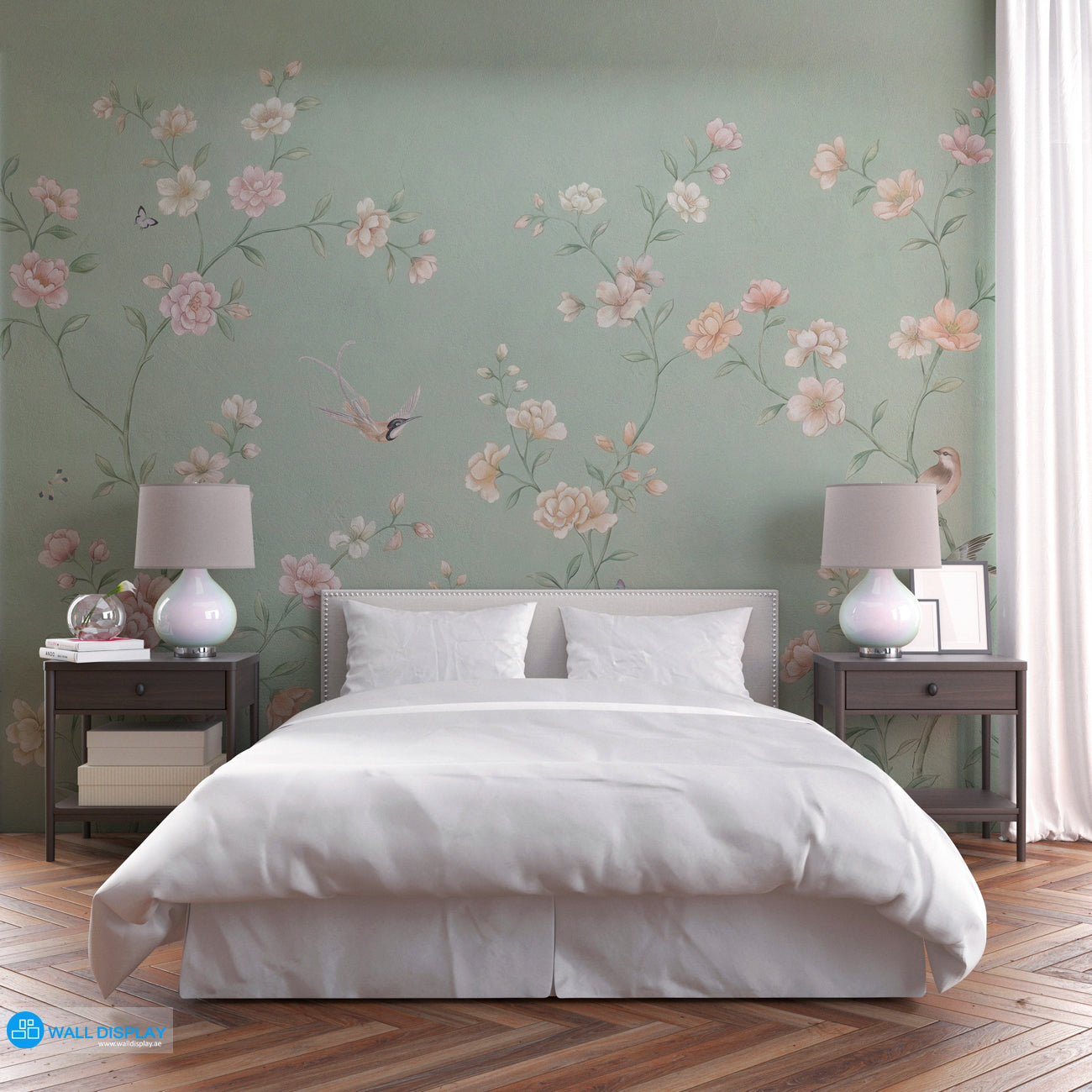chinoiserie wall mural, sage green wallpaper, floral bird mural, classic botanical wallpaper