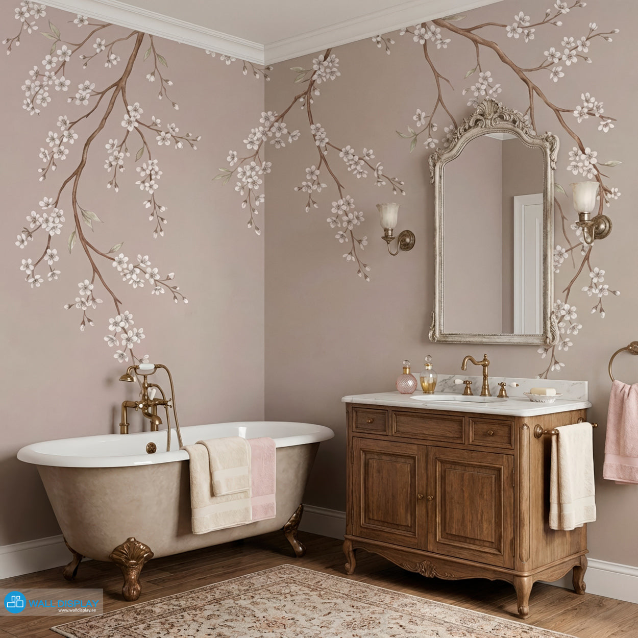 Taupe sakura blossom wallpaper mural with delicate white cherry blossom branches on a soft neutral background