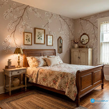 Load image into Gallery viewer, Taupe sakura blossom wallpaper mural with delicate white cherry blossom branches on a soft neutral background
