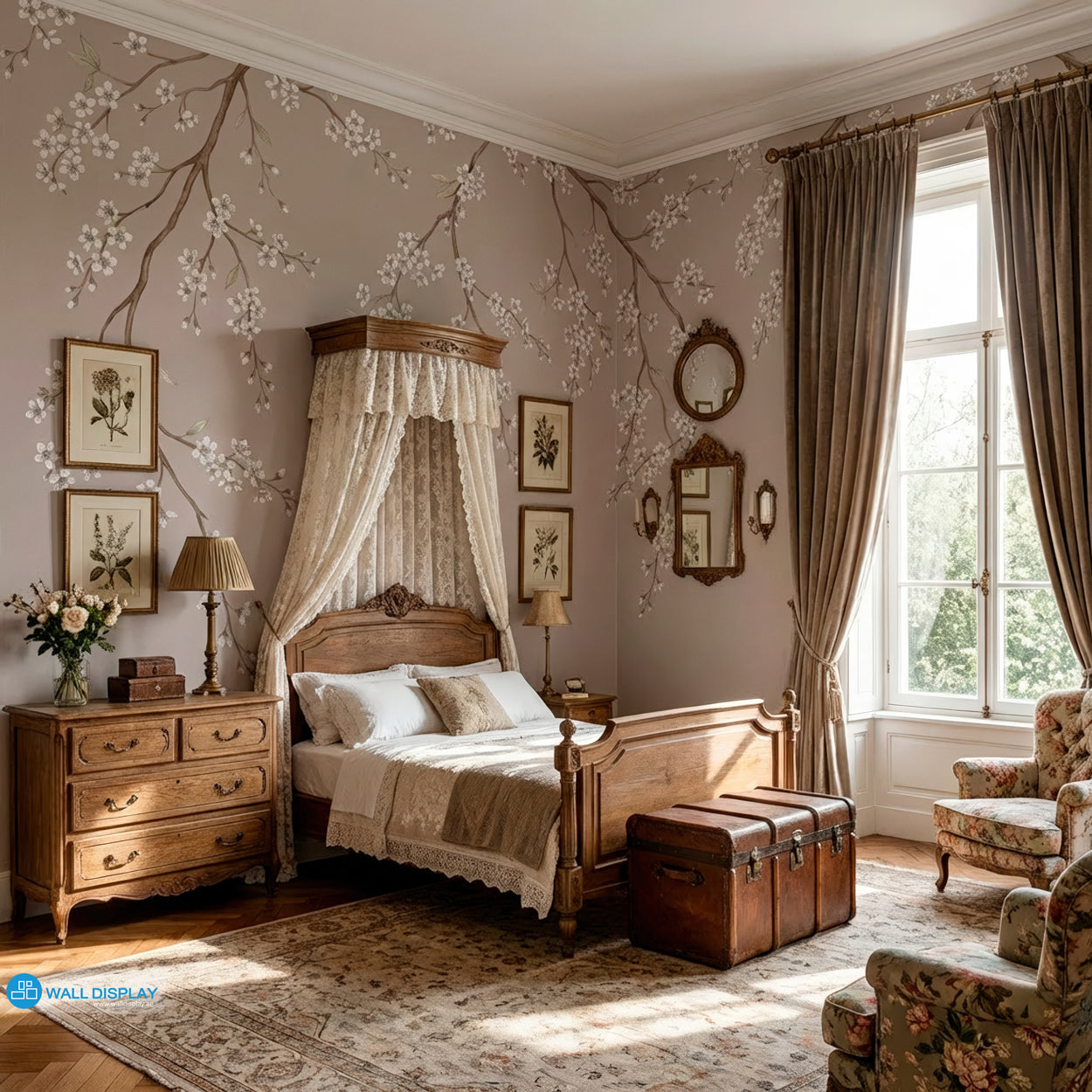 Taupe sakura blossom wallpaper mural with delicate white cherry blossom branches on a soft neutral background