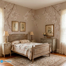 Load image into Gallery viewer, Taupe sakura blossom wallpaper mural with delicate white cherry blossom branches on a soft neutral background
