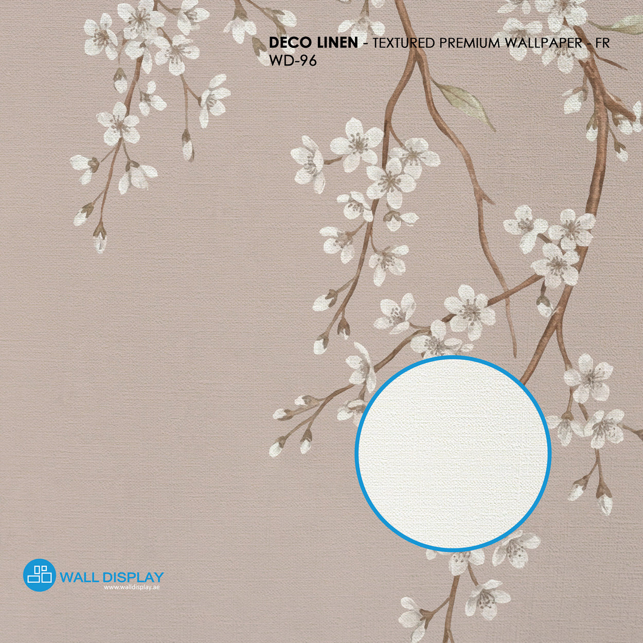 Taupe sakura blossom wallpaper mural with delicate white cherry blossom branches on a soft neutral background