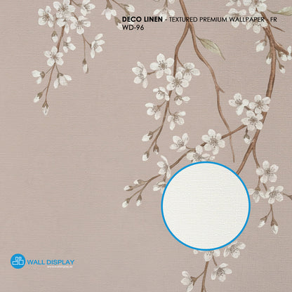 Taupe sakura blossom wallpaper mural with delicate white cherry blossom branches on a soft neutral background