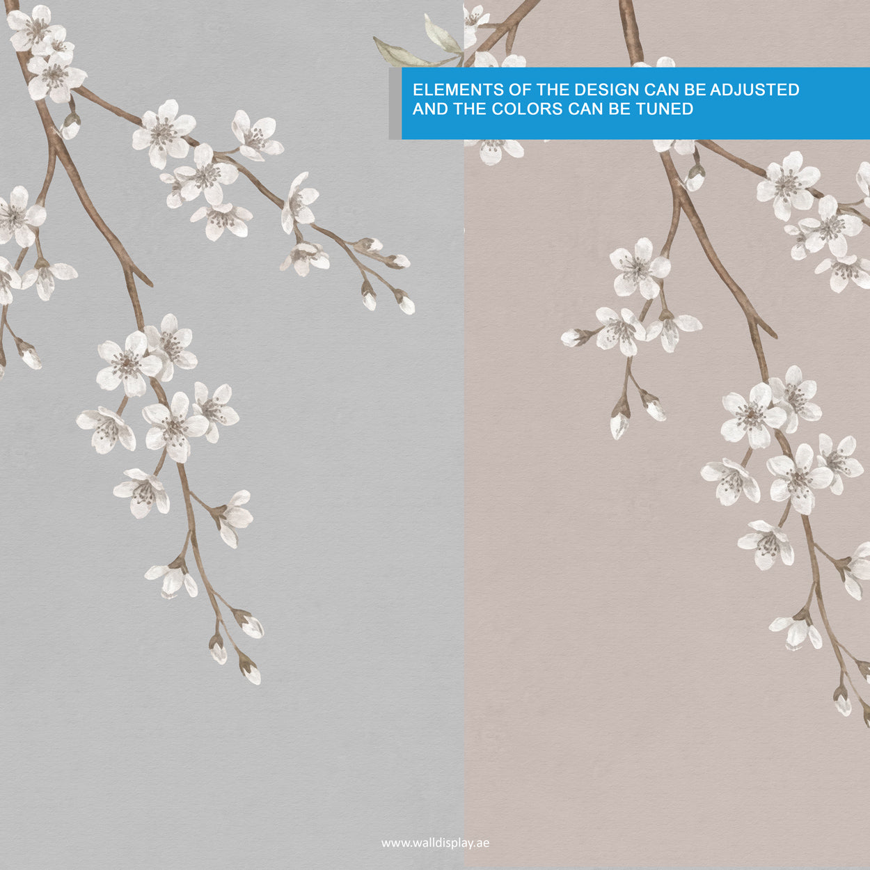 Taupe sakura blossom wallpaper mural with delicate white cherry blossom branches on a soft neutral background