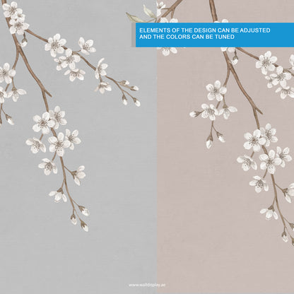 Taupe sakura blossom wallpaper mural with delicate white cherry blossom branches on a soft neutral background