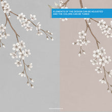 Load image into Gallery viewer, Taupe sakura blossom wallpaper mural with delicate white cherry blossom branches on a soft neutral background
