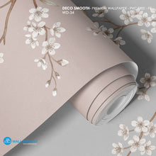 Load image into Gallery viewer, Taupe sakura blossom wallpaper mural with delicate white cherry blossom branches on a soft neutral background
