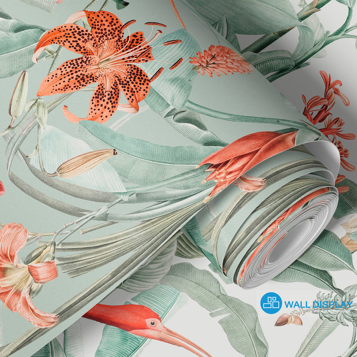 Scarlet ibis tropical wallpaper with red birds, lush green botanical leaves, and orange flowers for elegant feature walls and powder rooms.