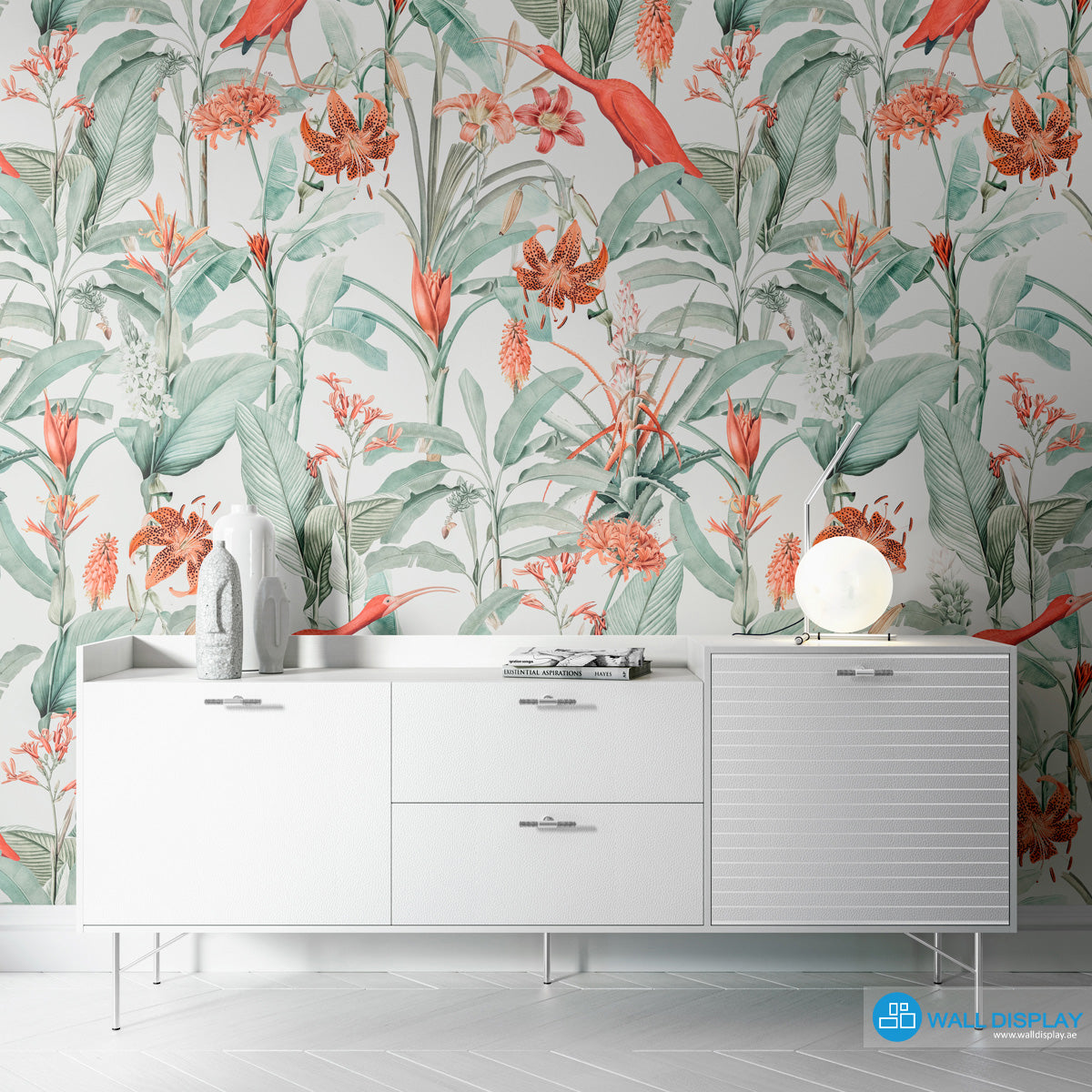 Scarlet ibis tropical wallpaper with red birds, lush green botanical leaves, and orange flowers for elegant feature walls and powder rooms.