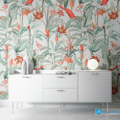 Scarlet ibis tropical wallpaper with red birds, lush green botanical leaves, and orange flowers for elegant feature walls and powder rooms.