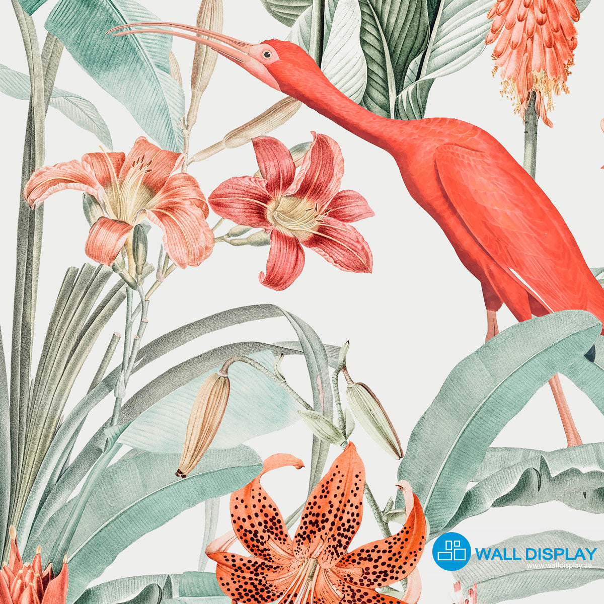 Scarlet ibis tropical wallpaper with red birds, lush green botanical leaves, and orange flowers for elegant feature walls and powder rooms.