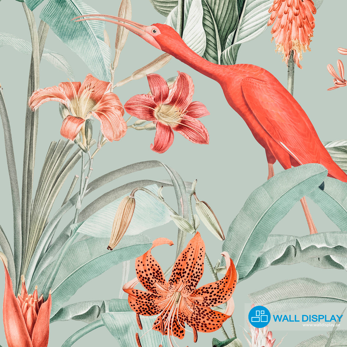 Scarlet ibis tropical wallpaper with red birds, lush green botanical leaves, and orange flowers for elegant feature walls and powder rooms.