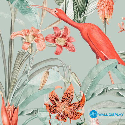 Scarlet ibis tropical wallpaper with red birds, lush green botanical leaves, and orange flowers for elegant feature walls and powder rooms.