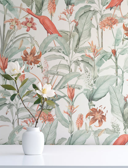 Scarlet ibis tropical wallpaper with red birds, lush green botanical leaves, and orange flowers for elegant feature walls and powder rooms.