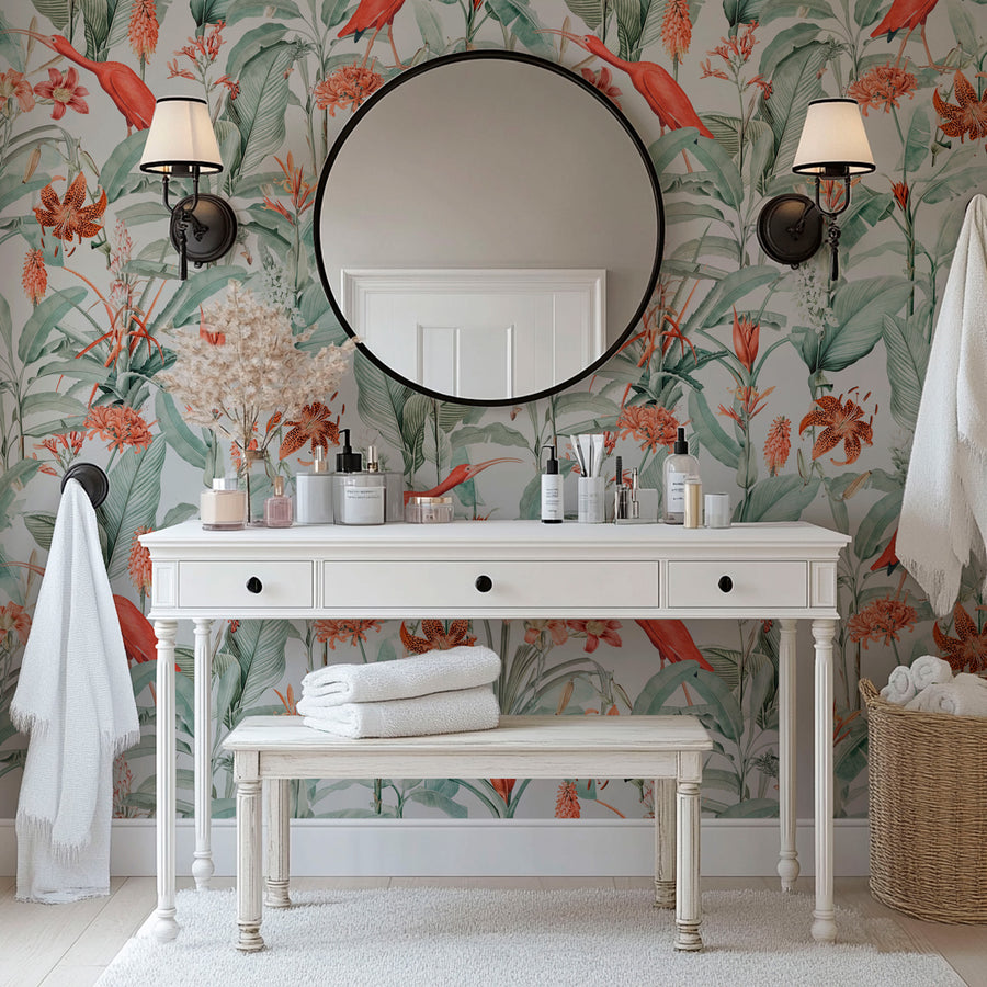 Scarlet ibis tropical wallpaper with red birds, lush green botanical leaves, and orange flowers for elegant feature walls and powder rooms.
