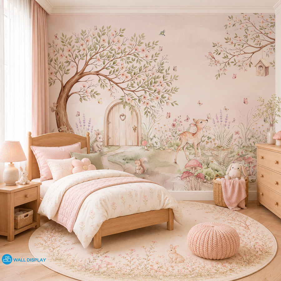Secret Fairy Garden Wallpaper Mural with flowering tree, fairy door, deer, rabbit, squirrel, butterflies, birds, wildflowers and pink mushrooms