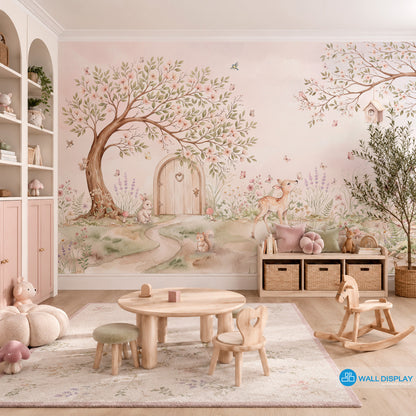 Secret Fairy Garden Wallpaper Mural with flowering tree, fairy door, deer, rabbit, squirrel, butterflies, birds, wildflowers and pink mushrooms