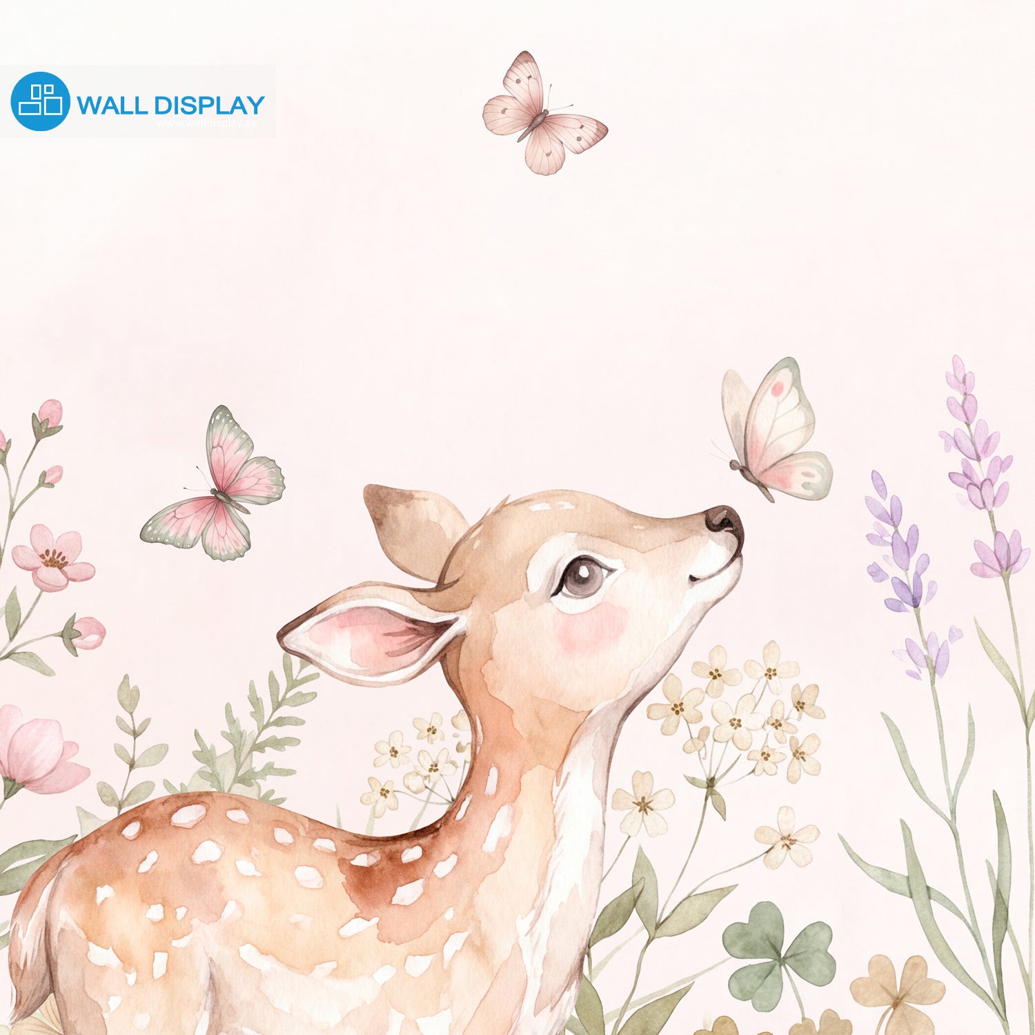 Secret Fairy Garden Wallpaper Mural with flowering tree, fairy door, deer, rabbit, squirrel, butterflies, birds, wildflowers and pink mushrooms