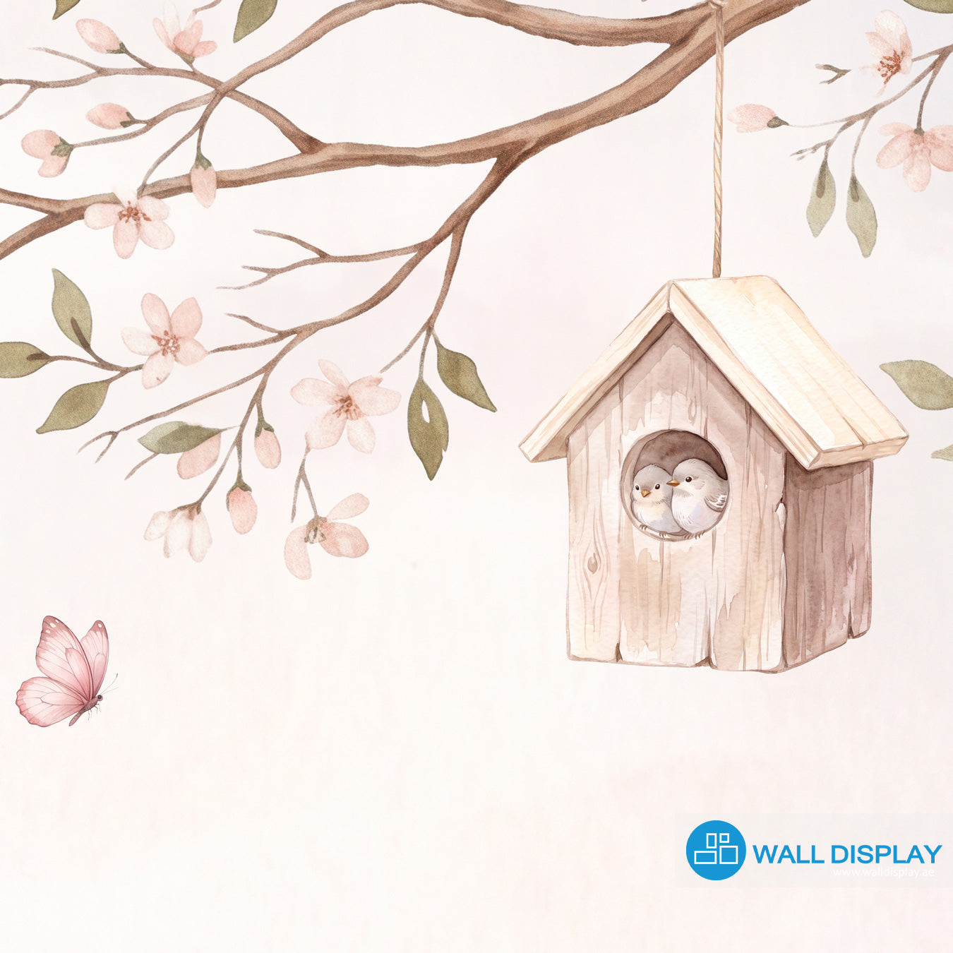 Secret Fairy Garden Wallpaper Mural with flowering tree, fairy door, deer, rabbit, squirrel, butterflies, birds, wildflowers and pink mushrooms