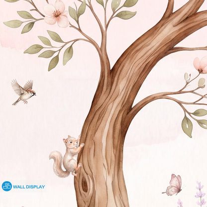 Secret Fairy Garden Wallpaper Mural with flowering tree, fairy door, deer, rabbit, squirrel, butterflies, birds, wildflowers and pink mushrooms