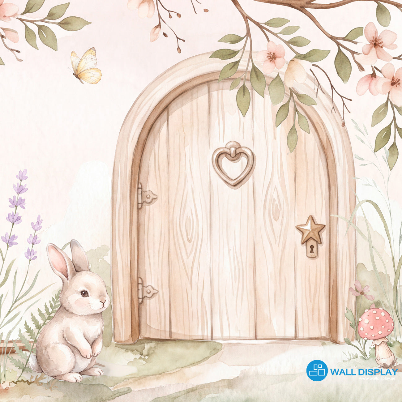 Secret Fairy Garden Wallpaper Mural with flowering tree, fairy door, deer, rabbit, squirrel, butterflies, birds, wildflowers and pink mushrooms