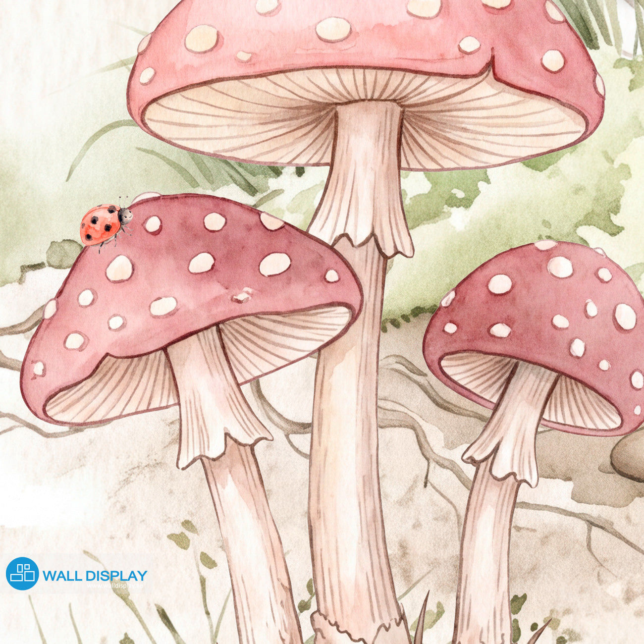Secret Fairy Garden Wallpaper Mural with flowering tree, fairy door, deer, rabbit, squirrel, butterflies, birds, wildflowers and pink mushrooms