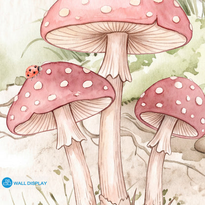 Secret Fairy Garden Wallpaper Mural with flowering tree, fairy door, deer, rabbit, squirrel, butterflies, birds, wildflowers and pink mushrooms