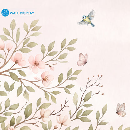 Secret Fairy Garden Wallpaper Mural with flowering tree, fairy door, deer, rabbit, squirrel, butterflies, birds, wildflowers and pink mushrooms