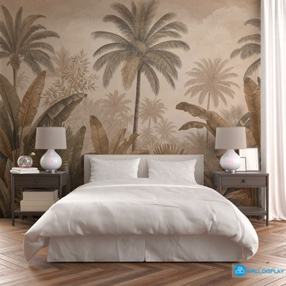 Sepia Palm Grove Wallpaper with vintage palm trees, banana leaves, fan palms, and warm neutral tropical botanical foliage.