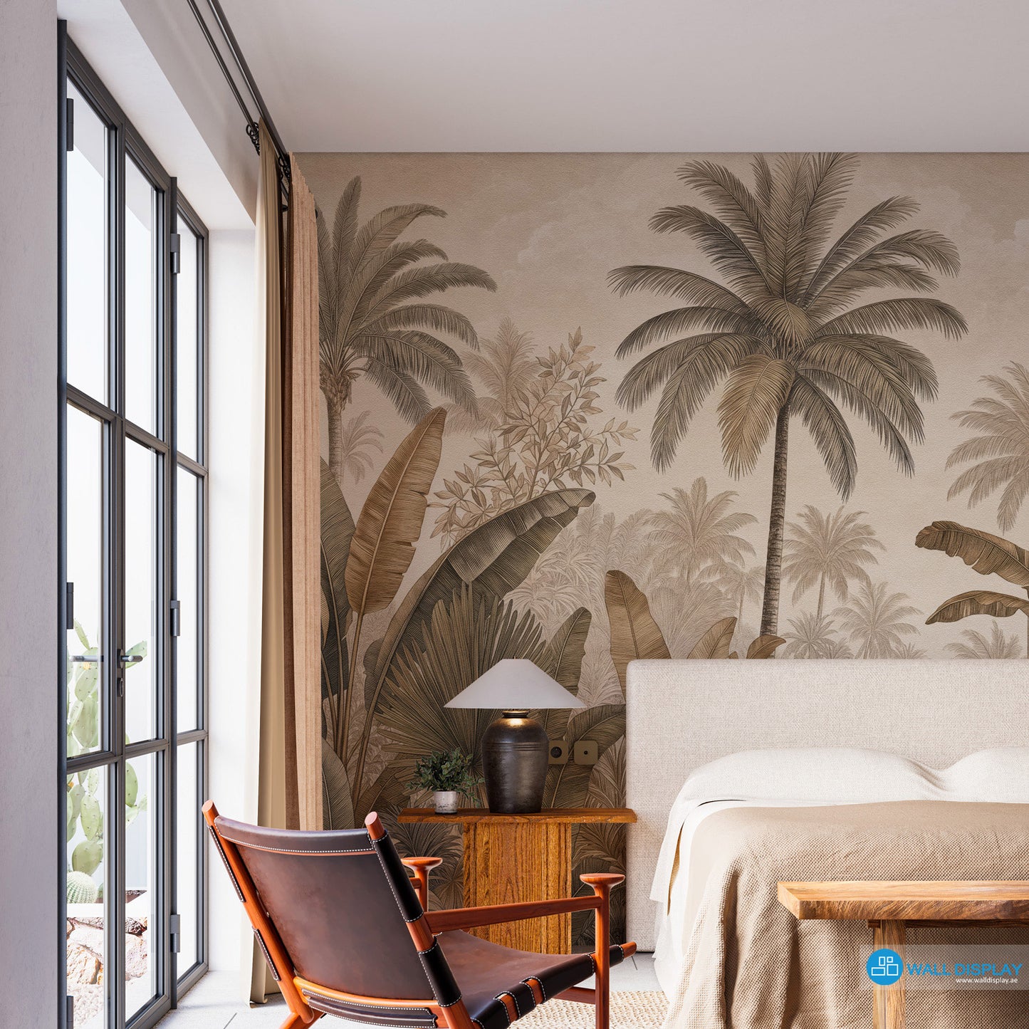 Sepia Palm Grove Wallpaper with vintage palm trees, banana leaves, fan palms, and warm neutral tropical botanical foliage.