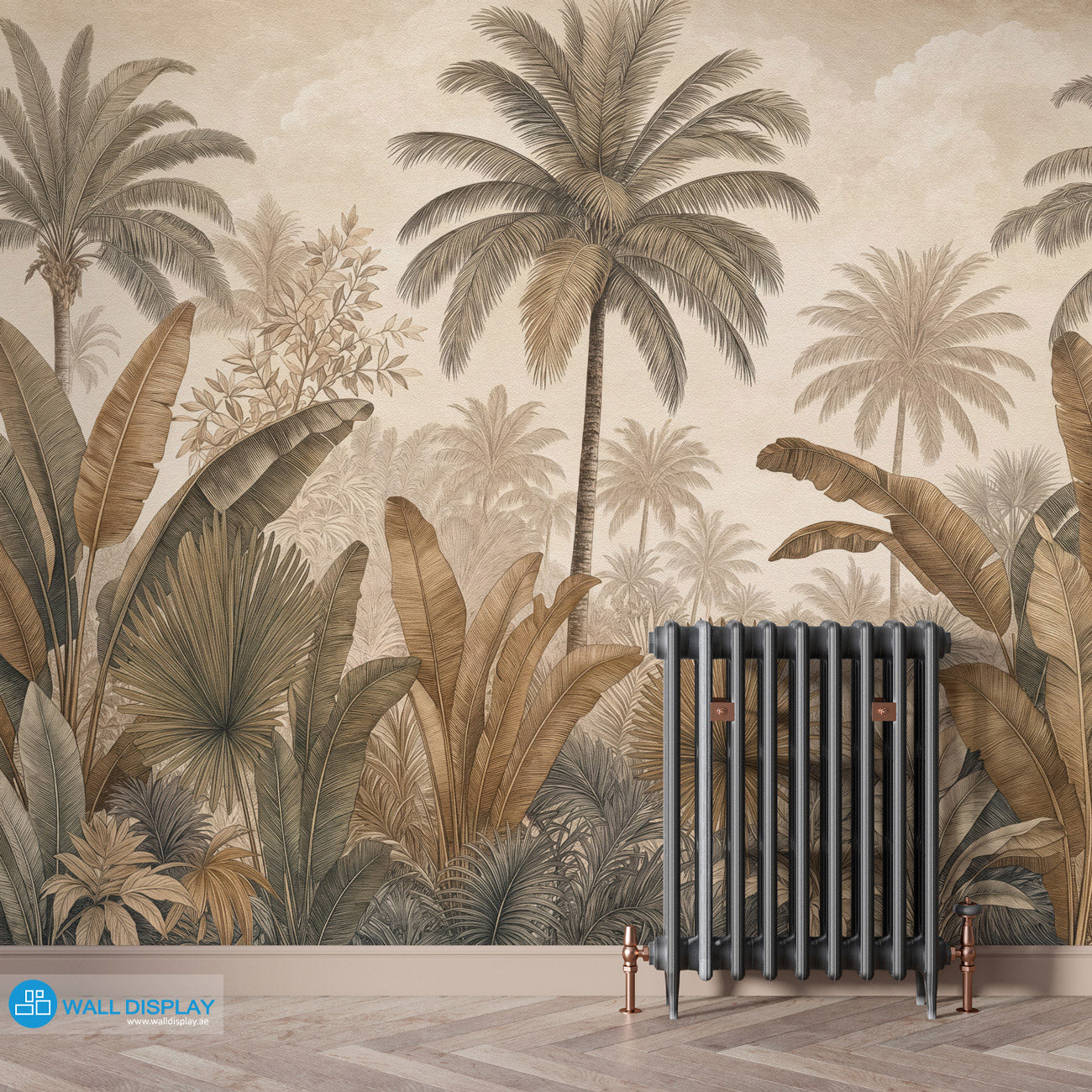 Sepia Palm Grove Wallpaper with vintage palm trees, banana leaves, fan palms, and warm neutral tropical botanical foliage.