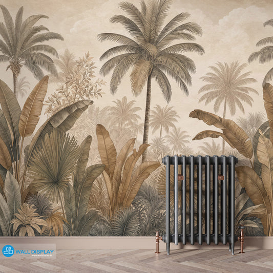Sepia Palm Grove Wallpaper with vintage palm trees, banana leaves, fan palms, and warm neutral tropical botanical foliage.