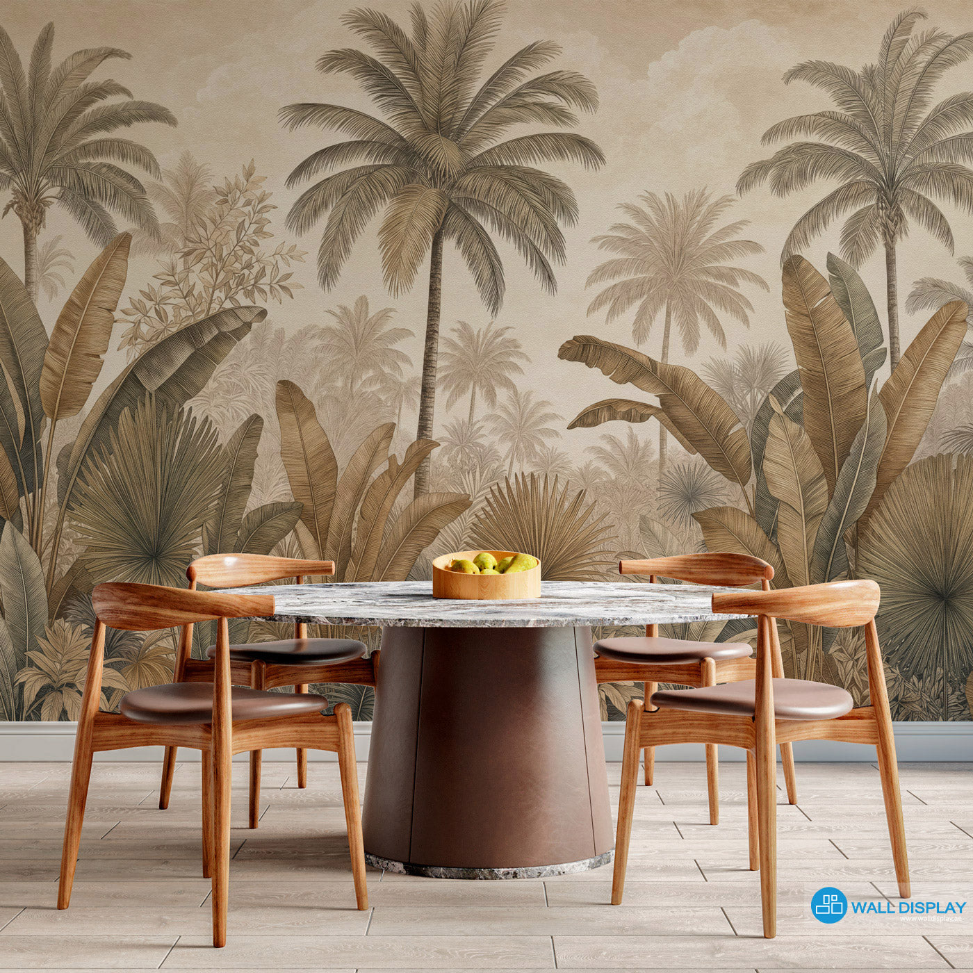 Sepia Palm Grove Wallpaper with vintage palm trees, banana leaves, fan palms, and warm neutral tropical botanical foliage.