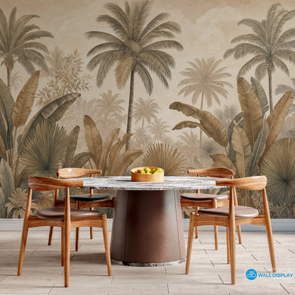 Sepia Palm Grove Wallpaper with vintage palm trees, banana leaves, fan palms, and warm neutral tropical botanical foliage.