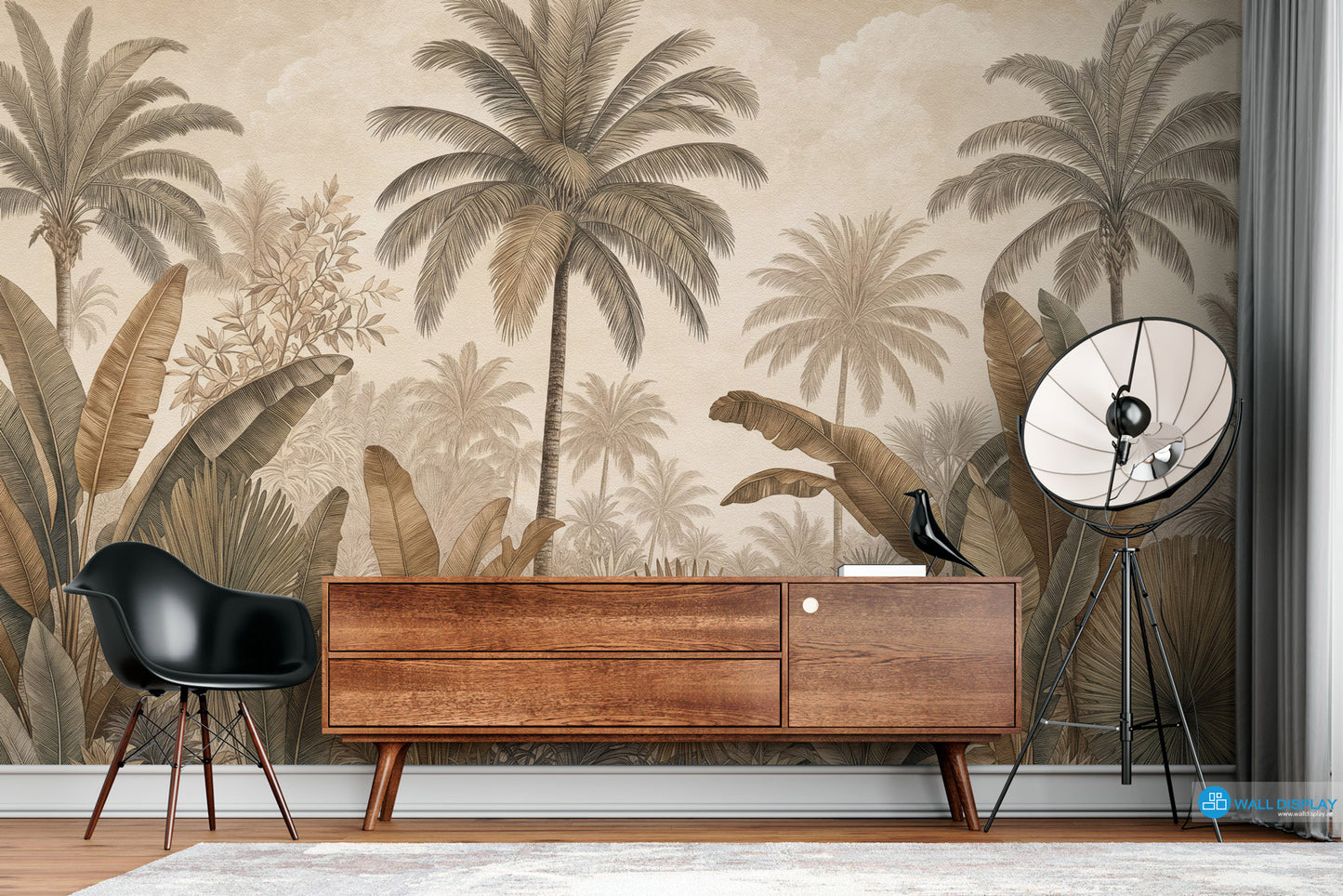Sepia Palm Grove Wallpaper with vintage palm trees, banana leaves, fan palms, and warm neutral tropical botanical foliage.