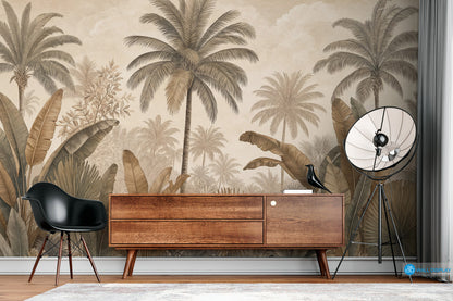 Sepia Palm Grove Wallpaper with vintage palm trees, banana leaves, fan palms, and warm neutral tropical botanical foliage.