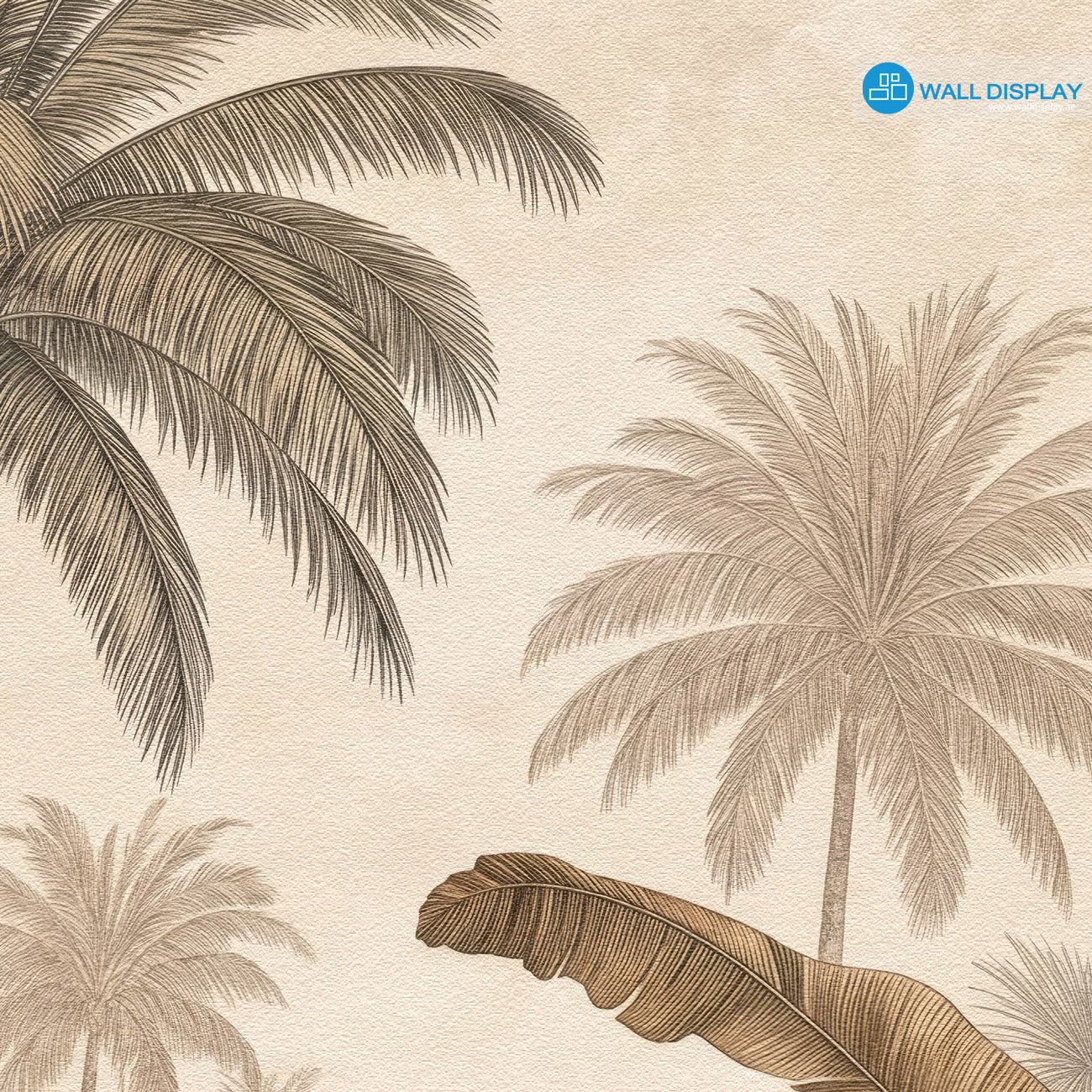 Sepia Palm Grove Wallpaper with vintage palm trees, banana leaves, fan palms, and warm neutral tropical botanical foliage.