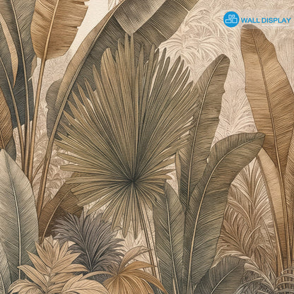Sepia Palm Grove Wallpaper with vintage palm trees, banana leaves, fan palms, and warm neutral tropical botanical foliage.