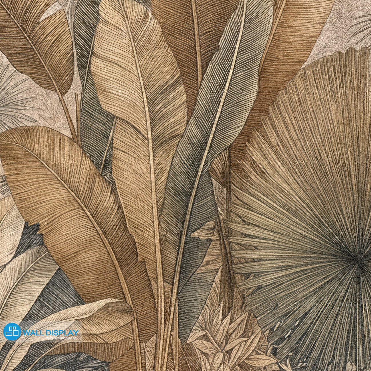 Sepia Palm Grove Wallpaper with vintage palm trees, banana leaves, fan palms, and warm neutral tropical botanical foliage.