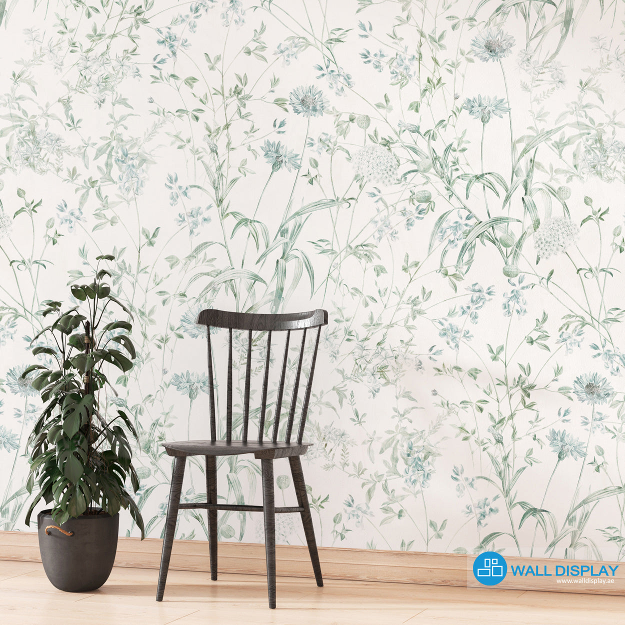 Botanical meadow wallpaper with delicate wildflowers, leafy stems, and soft green-blue floral line art for bedroom, living room, hallway, and feature wall interiors.